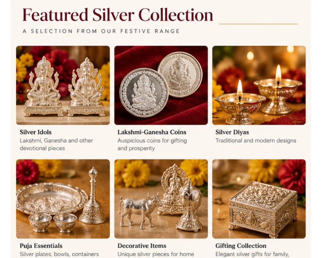 Diwali silver idols, coins, diyas, puja essentials and gifts